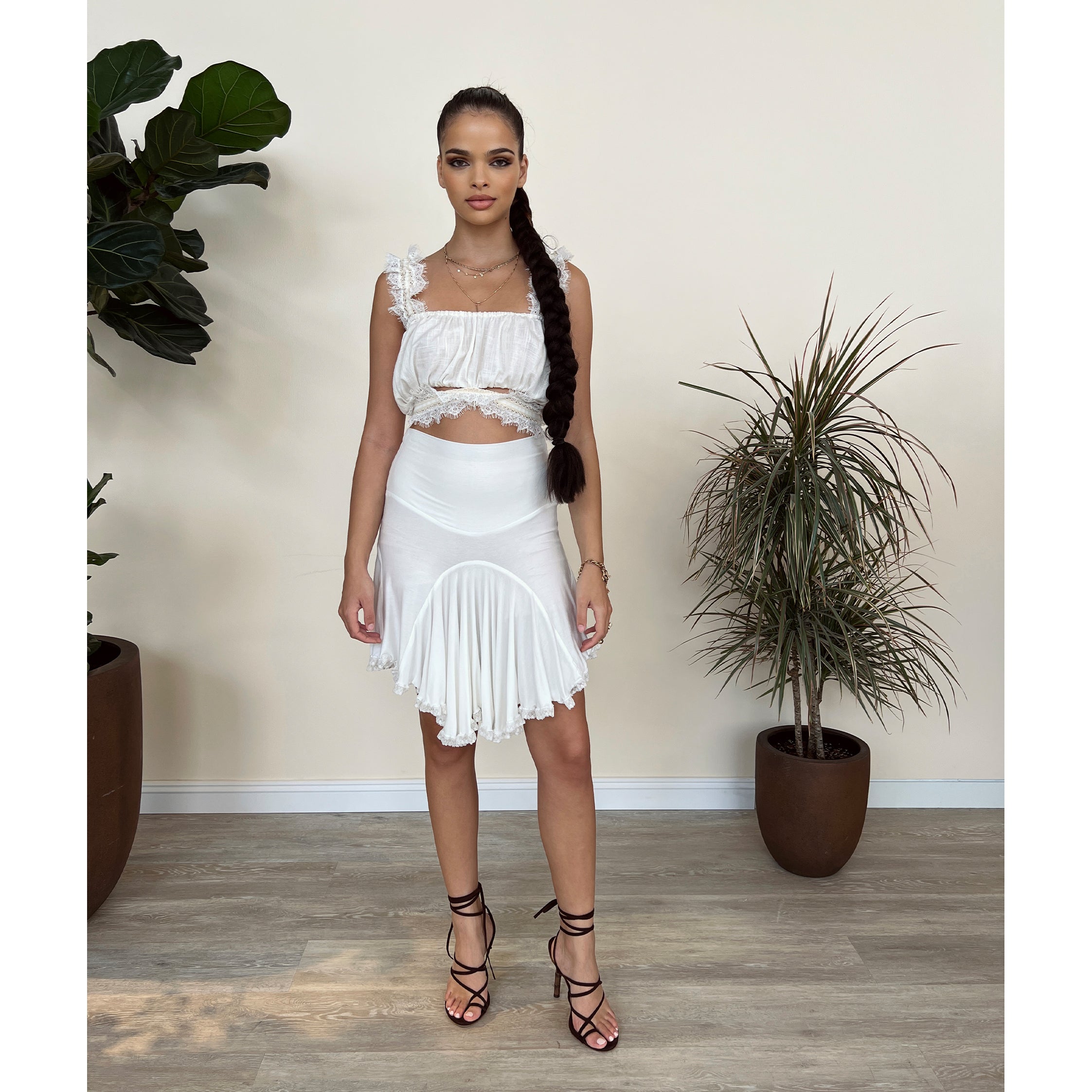 White Modal Jersey Godet Short Skirt with Lace Ayesha Depala