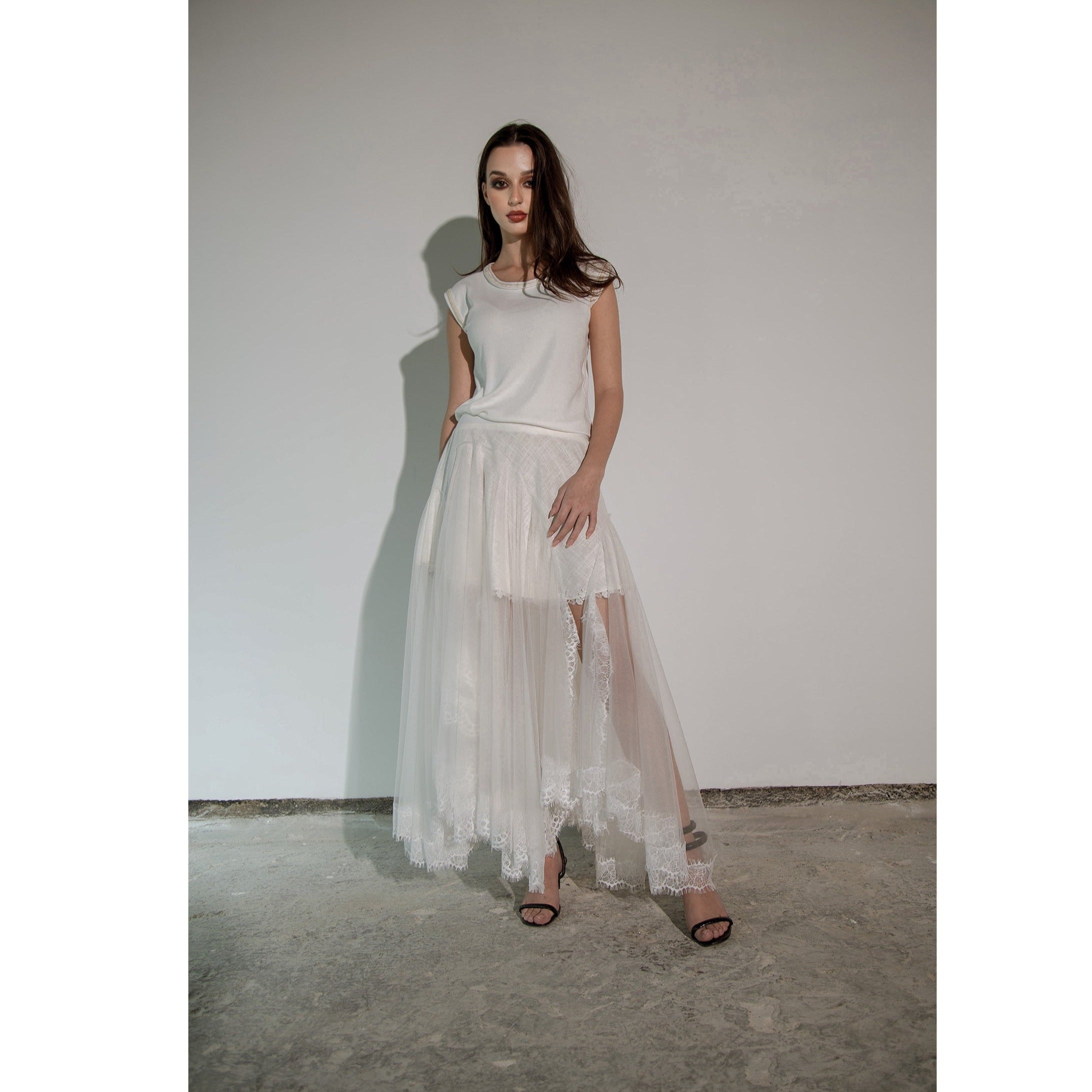 White Linen Skirt with Tulle and Lace Ayesha Depala